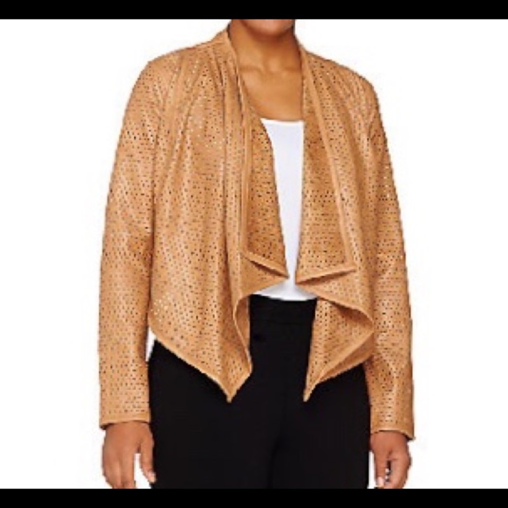 Faux leather open front perforated jacket
